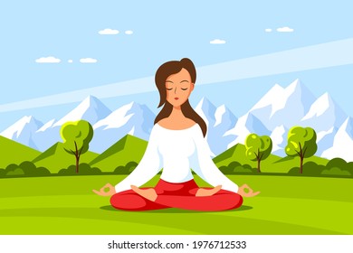 Young Caucasian Woman Sitting in Lotus Pose with Beautiful Mountain Landscape on Background. Practice of Yoga and Meditation, Recreation, Healthy Lifestyle. Flat Style Vector Illustration