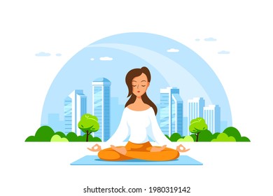 Young Caucasian Woman Sitting in Lotus Pose with Big City on Background. Practice of Yoga and Meditation, Recreation, Healthy Lifestyle. Flat Style Vector Illustration Isolated on White Background