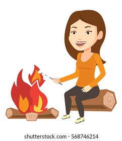 Young caucasian woman sitting near campfire. Woman roasting marshmallow over campfire. Tourist relaxing near campfire. Vector flat design illustration isolated on white background.