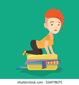 Young caucasian woman sitting on suitcase and trying to close it. Frustrated woman having problems with packing a lot of clothes into a single suitcase. Vector flat design illustration. Square layout.