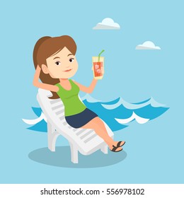 Young caucasian woman sitting on a beach chair. Happy smiling woman drinking a cocktail on a beach chair. Joyful woman on a beach chair with cocktail. Vector flat design illustration. Square layout.