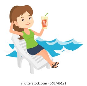 Young caucasian woman sitting on a beach chair. Woman drinking a cocktail on a beach chair. Woman sitting on a beach chair with cocktail. Vector flat design illustration isolated on white background.