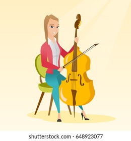 Young caucasian woman sitting on a chair and playing the cello. Cellist playing classical music on the cello. Young woman with the cello and bow. Vector flat design illustration. Square layout.