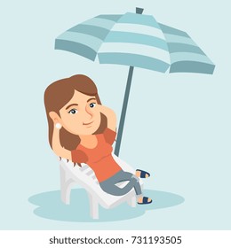 Young caucasian woman sitting on the chaise-longue under beach umbrella. Happy woman resting on the chaise-longue with folded arms behind her head. Vector cartoon illustration. Square layout.