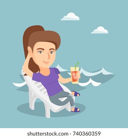 Young caucasian woman sitting on a chaise-longue on the beach. Happy smiling woman relaxing on a chaise-longue and drinking a cocktail on the beach. Vector cartoon illustration. Square layout.