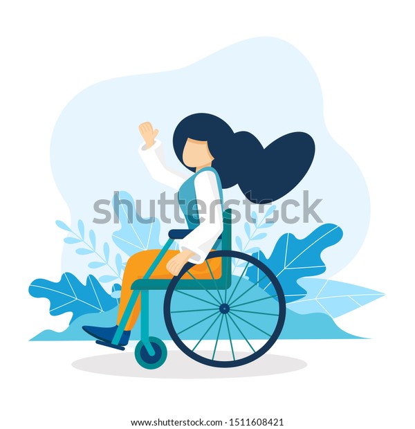 車椅子に座っている白人の若い女性 長い髪をした幸せな女の子が 障害を持って生きています 機会均等のコンセプト 身障者 ベクターイラスト のベクター画像素材 ロイヤリティフリー