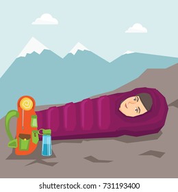 Young caucasian woman sleeping in a sleeping bag during a hike in the mountains. Smiling woman laying on the ground wrapped up in a mummy sleeping bag. Vector cartoon illustration. Square layout.