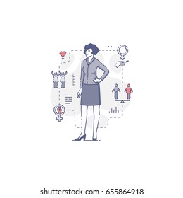 Young Caucasian Woman Standing Akimbo Surrounded By Women's Rights Icons And Signs. Flat Line Women's Empowerment Vector Illustration For Infographics In Blue Tone Isolated On White Background