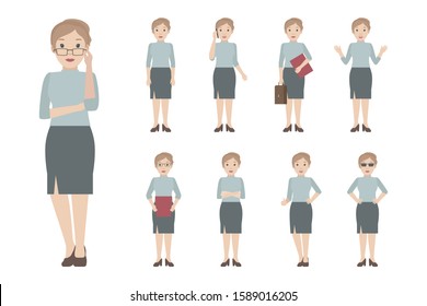 Young Caucasian woman standing in different poses. Vector illustration.