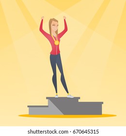 Young Caucasian Woman Standing With A Gold Medal And Raised Hands On The Winners Podium. Ssportswoman Celebrating On The Winners Podium. Winner Concept. Vector Flat Design Illustration. Square Layout.