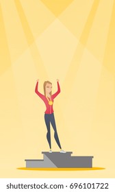 Young Caucasian Woman Standing With A Gold Medal And Raised Hands On The Winner Podium. Ssportswoman Celebrating On The Winner Podium. Winner Concept. Vector Flat Design Illustration. Vertical Layout.