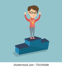 Young caucasian woman standing with a gold medal and raised hands on the winners podium. Ssportswoman celebrating on the winners podium. Winner concept. Vector cartoon illustration. Square layout.