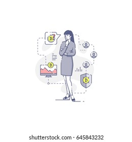 Young Caucasian woman standing and thinking surrounded bitcoin symbols and icons. Flat line bitcoin mining illustration for info graphics in blue tone isolated on white background