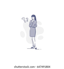 Young Caucasian woman standing and thinking surrounded question marks. Solving problem linear vector metaphor for info graphics, web, app and print design in blue tone isolated on white background.