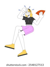 Young caucasian woman suffering from heatwave 2D cartoon character. Upset female with hand fan swiping sweat from forehead isolated person flat vector on white background. Spot illustration colorful