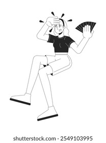 Young caucasian woman suffering from heatwave black and white 2D line character. Upset female with hand fan swiping sweat isolated vector outline person. Monochromatic spot illustration