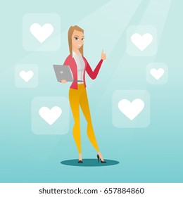 Young caucasian woman with thumb up standing around buttons of social media in the shape of heart. Cheerful woman using laptop with heart icons. Vector flat design illustration. Square layout.