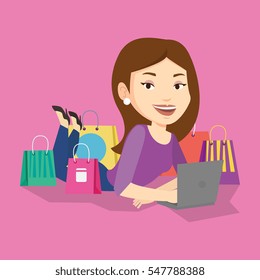 Young caucasian woman using laptop for online shopping. Smiling woman lying with laptop and making online shopping order. Woman doing online shopping. Vector flat design illustration. Square layout.