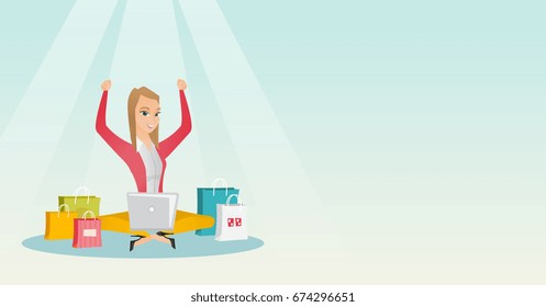 Young caucasian woman using a laptop for online shopping. Woman with arms up sitting among shopping bags. Cheerful woman buying purchases online. Vector flat design illustration. Horizontal layout.
