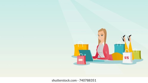 Young caucasian woman using laptop for online shopping. Smiling woman lying with a laptop and shopping bags around her. Woman doing online shopping. Vector flat design illustration. Horizontal layout.