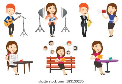 Young caucasian woman using tablet computer in a cafe. Woman surfing in the social network. Woman rewriting in social network. Set of vector flat design illustrations isolated on white background.