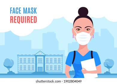 Young Caucasian Woman Wearing Face Mask and Standing in Front of Univercity or College Building. Flat Style Vector illustration