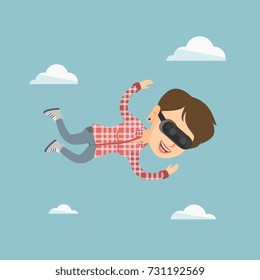 Young caucasian woman wearing virtual reality headset and flying in the sky. Woman in virtual reality device having fun while flying in virtual reality. Vector cartoon illustration. Square layout.