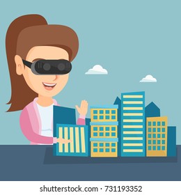 Young caucasian woman wearing virtual reality headset and getting into vr world. Woman developing project of city architecture using virtual reality glasses. Vector cartoon illustration. Square layout
