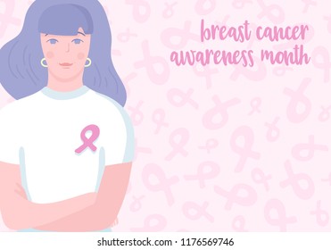 Young caucasian woman in white T-shirt with pink ribbon on her chest, hands crossed. Breast cancer awareness month vector illustration.