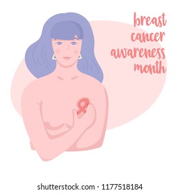 Young caucasian woman in white T-shirt with pink ribbon on her chest, hands crossed. Breast cancer awareness month vector illustration