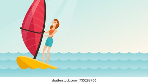 Young caucasian woman windsurfing in the sea. Woman standing on the board with a sail for windsurfing. Windsurfer training on the water. Vector flat design illustration. Horizontal layout.