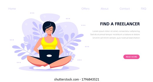 Young caucasian woman working with laptop. Flat style illustration on cheerful character uses mobile device. Banner template