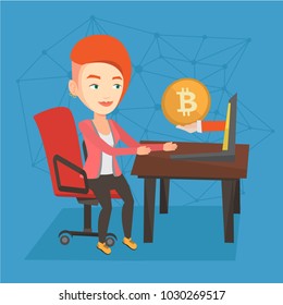 Young caucasian woman working on a laptop and getting gold bitcoin coin from cryptocurrency trading. Bitcoin trading, blockchain network technology concept. Vector cartoon illustration. Square layout.