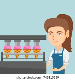 Young caucasian woman working on an automatic production line of ice cream. Worker of ice-cream factory controlling the ice cream production process. Vector cartoon illustration. Square layout.