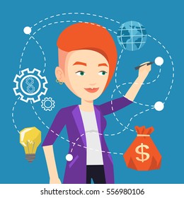 Young caucasian woman writing on a virtual screen. Cheerful businesswoman drawing a cloud computing diagram on a virtual screen. Cloud computing concept. Vector flat design illustration. Square layout Young caucasian woman writing on a virtual screen. Cheerful businesswoman drawing a cloud computing diagram on a virtual screen. Cloud computing concept. Vector flat design illustration. Square layout