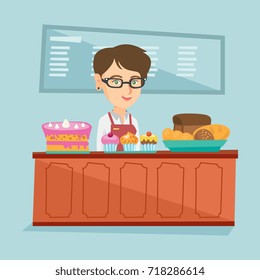 Young caucasian worker of the bakery offering pastry. Smiling saleswoman standing behind the counter with cakes in the bakery. Woman working in the bakery. Vector cartoon illustration. Square layout.