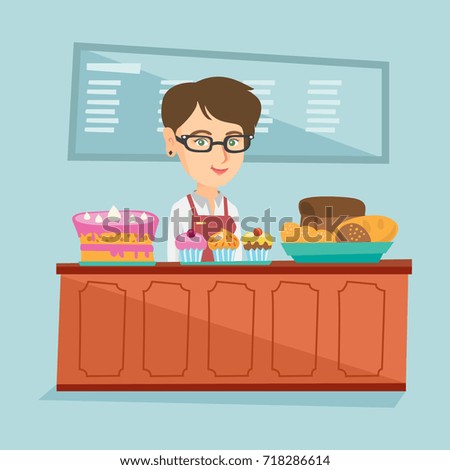 Young caucasian worker of the bakery offering pastry. Smiling saleswoman standing behind the counter with cakes in the bakery. Woman working in the bakery. Vector cartoon illustration. Square layout.