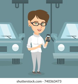 Young caucasian worker of car factory controlling automated assembly line for cars. Engineer standing on the background of car assembly line. Car production. Vector cartoon illustration. Square layout