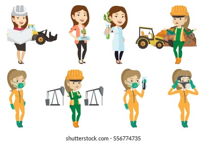 Young caucasian worker of rubbish dump standing with spread arms. Woman standing on the background of rubbish dump and bulldozer. Set of vector flat design illustrations isolated on white background.