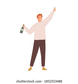 Young celebrating man holding a bottle of champagne and wine glass. Male character making a toast at party or holiday. Flat vector cartoon illustration isolated on white background
