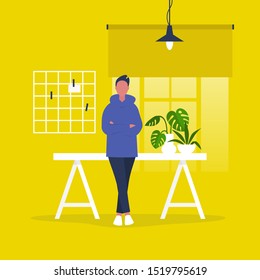 Young CEO of a company. Caucasian male character leaning on a desk. Office life.  Flat editable vector illustration, clip art