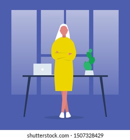 Young CEO of a company. Female character leaning on a desk. Office life. Marketing. Management. Flat editable vector illustration, clip art