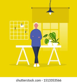 Young CEO of a company. Male character leaning on a desk. Office life. Marketing. Management. Flat editable vector illustration, clip art