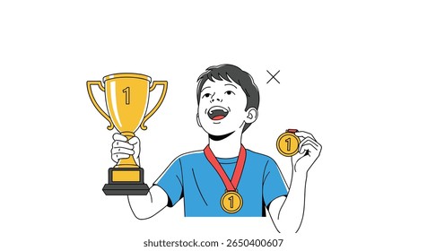 Jovem campeão celebra vitória segurando troféu de ouro e medalha orgulhosamente mostrando realização