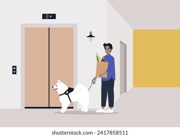 A young character, after running errands, returns home from a walk with a dog and grocery shopping, patiently waiting for the elevator to arrive, multitasking and routine  aspects of daily life