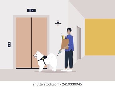 A young character, after running errands, returns home from a walk with a dog and grocery shopping, patiently waiting for the elevator to arrive, multitasking and routine  aspects of daily life