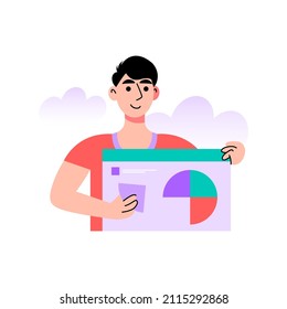 Young character analyzes infographic, project, statistics. Vector illustration in a flat style