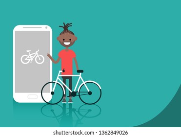 Young character with bike standing near smartphone.Bike sport app.Space for your text.Flat cartoon design