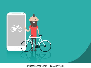 Young character with bike standing near smartphone.Bike sport app.Space for your text.Flat cartoon design