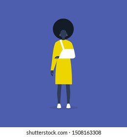 Young character with a broken hand wearing a sling. Rehabilitation. Medical care. Health. Therapy. Clinic. Insurance. Flat editable vector illustration, clip art